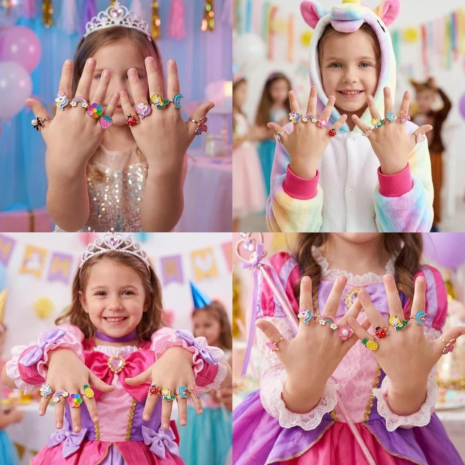 36Pcs Little Girl Adjustable Gem Rings Set Kids Dress Up Jewelry Birthday Gifts