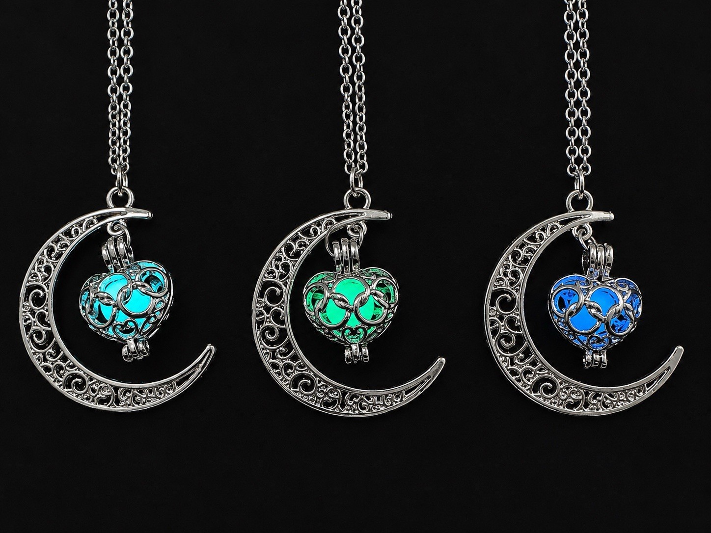 3 Pack Glow in the Dark Crescent Moon Heart Charm Pendant Necklace