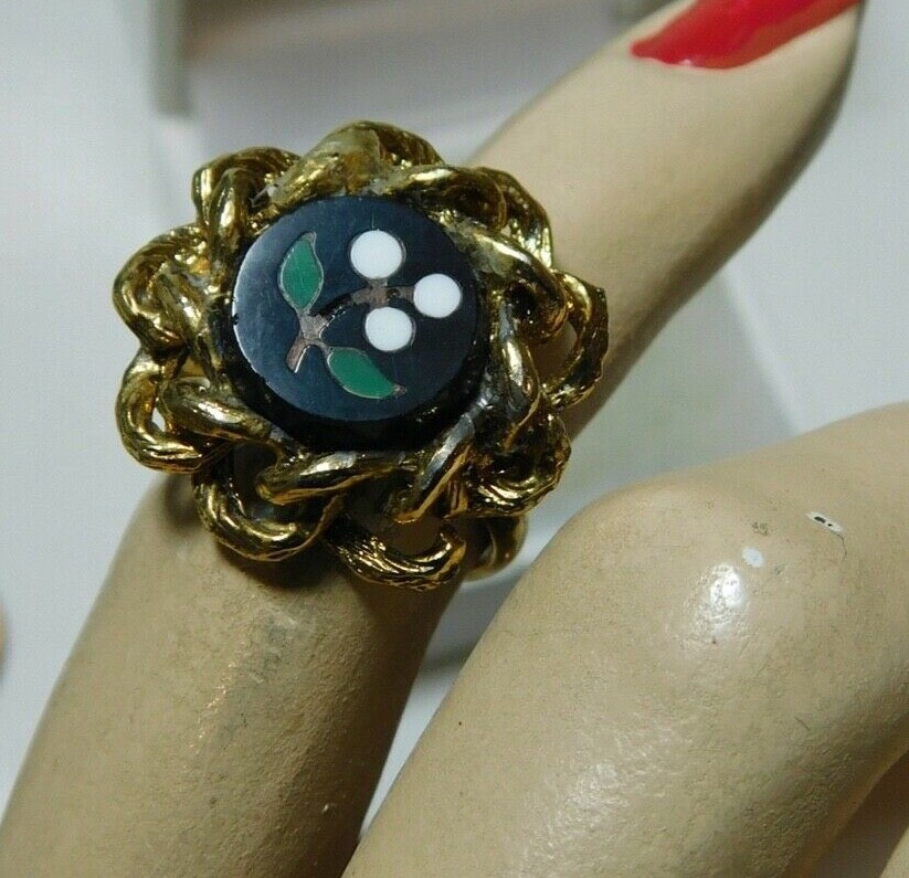 Vintage Real Pietra Dura Mosaic Black Onyx gold tone Adjustable Ring 4f 7