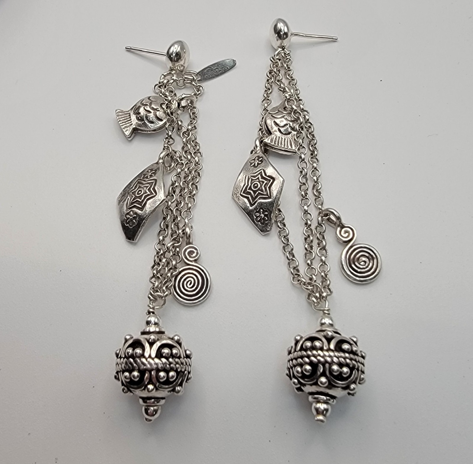 ​Vtg Misteria Sterling Silver Earrings 3.25 Long Shoulder Duster Fish Charms 19g