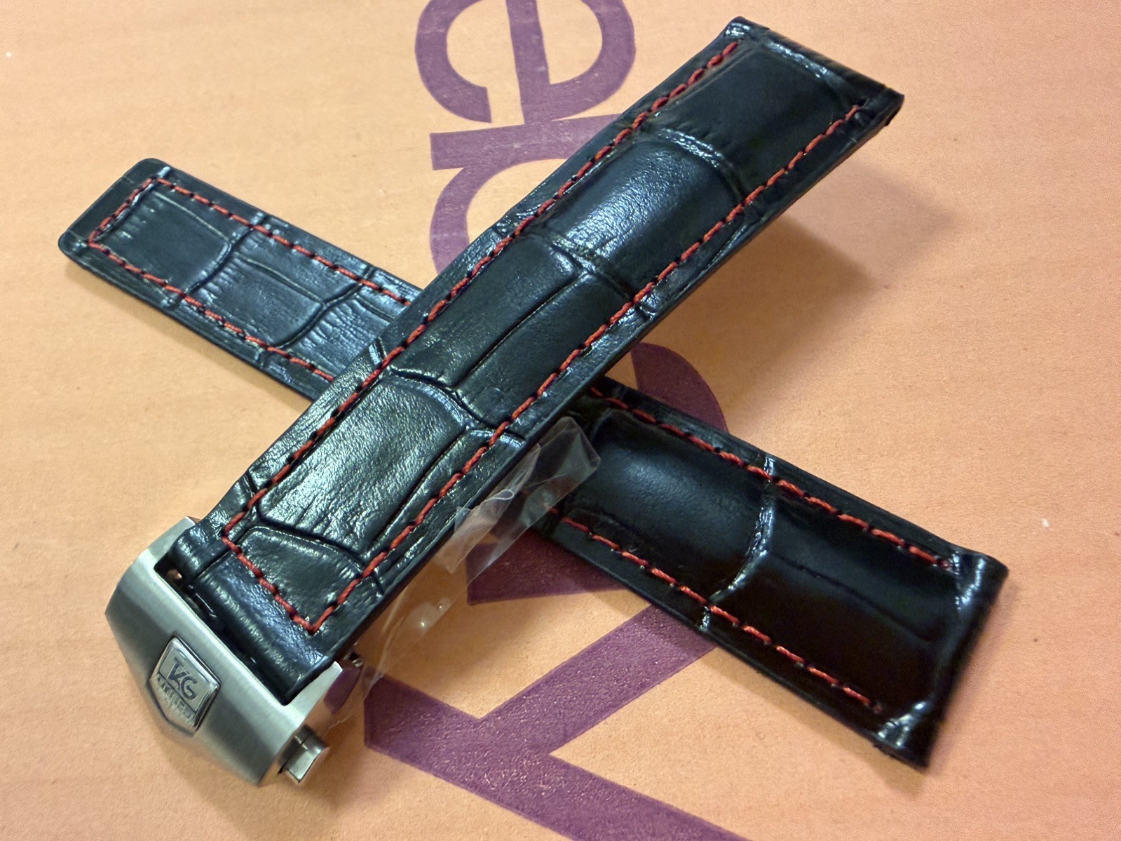 22mm Tag Heuer Black red stich Leather Watch Strap With Buckle
