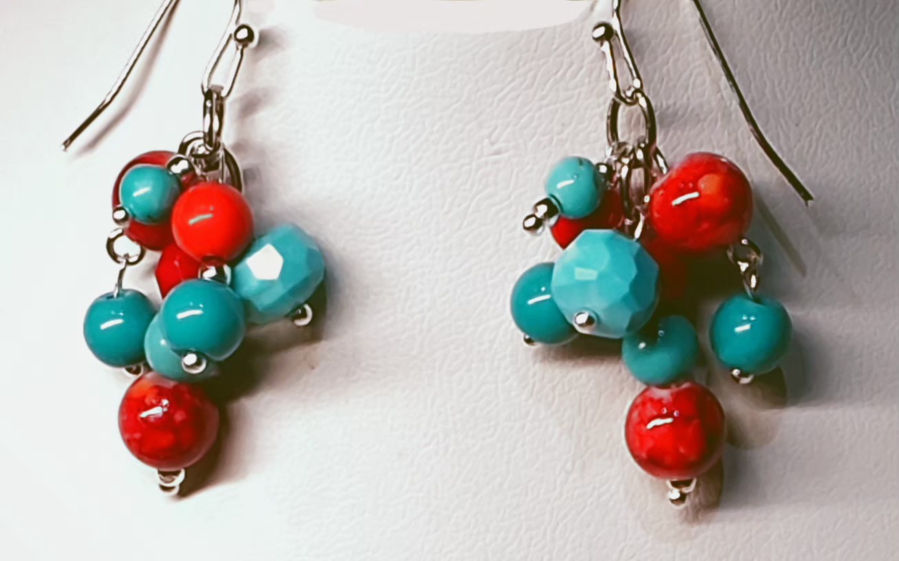 CHAP’S, Ralph Lauren Turquoise Red Silver 10″L Bib Necklace + 1.5″L Earrings Ap4