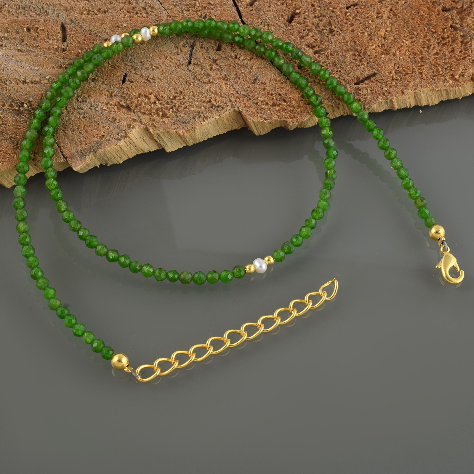 Handmade Natural Chrome Diopside 3mm Beaded Minimalist Necklace 925 Silver 18″