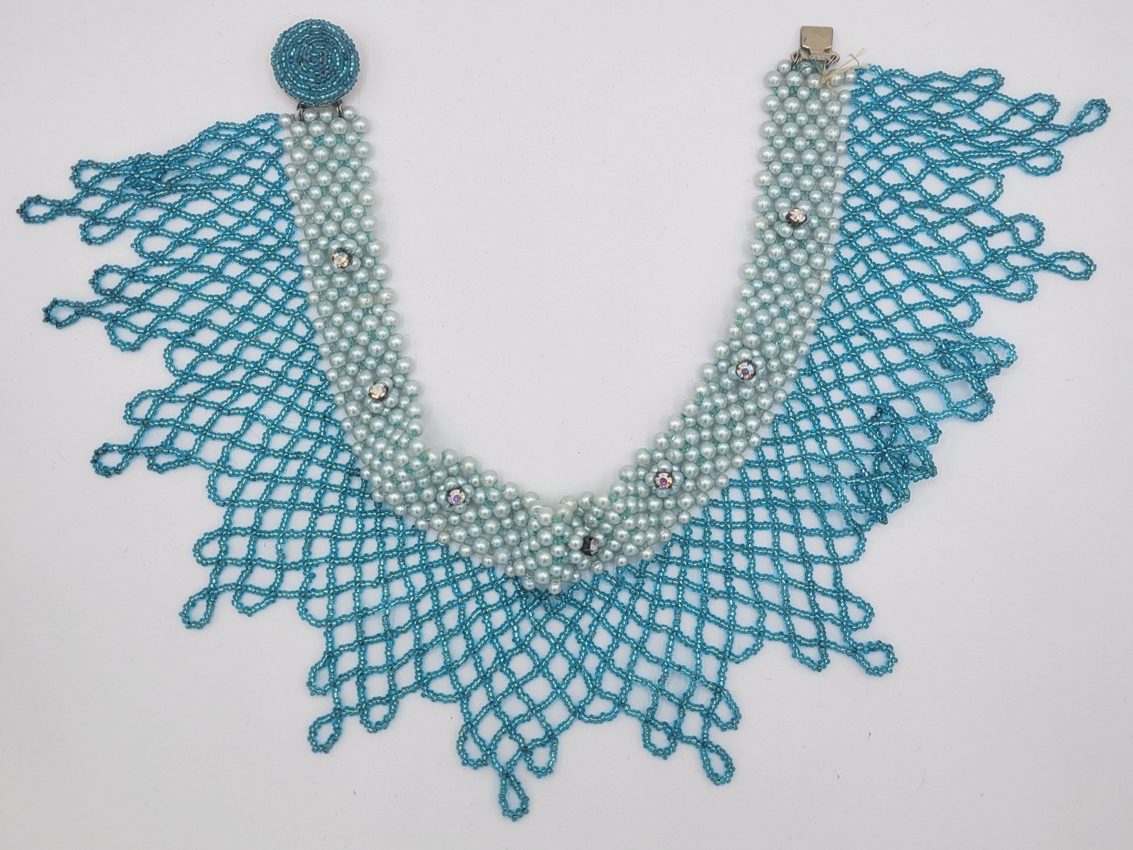 Woven Seed Bead Choker Collar Necklace Bib Teal Faux Pearl & Rhinestone