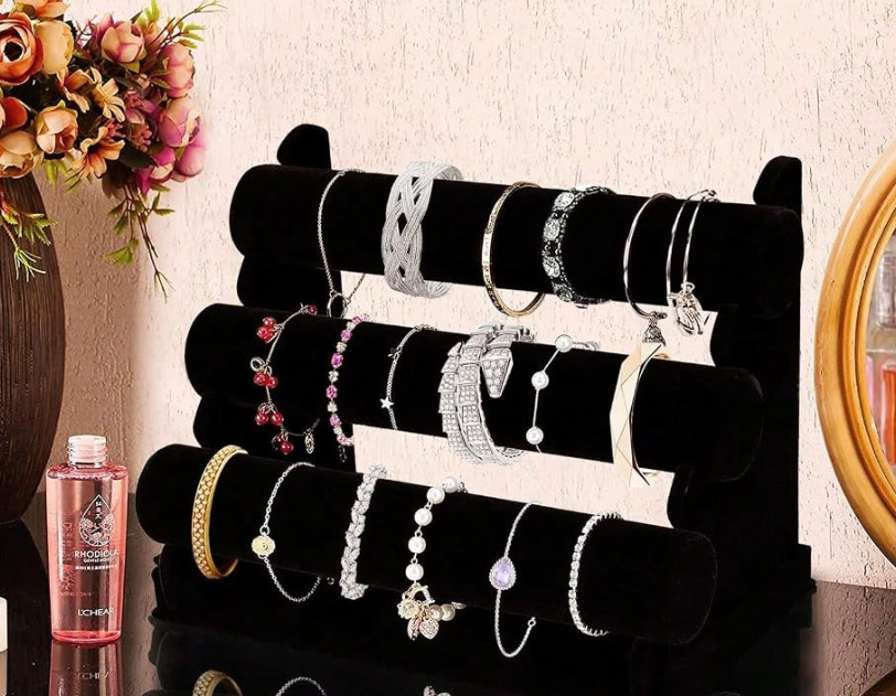 Velvet Bracelet Holder 3 Tier – Black Jewelry Display Stand for Watches Bangles