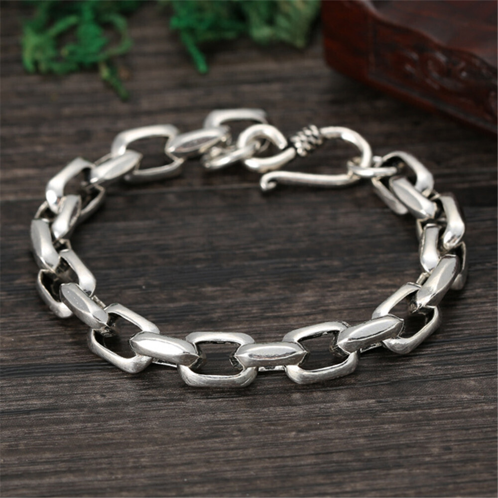Real 925 Sterling Silver For Men Women 8mm Rectangle Cable Link Bracelet
