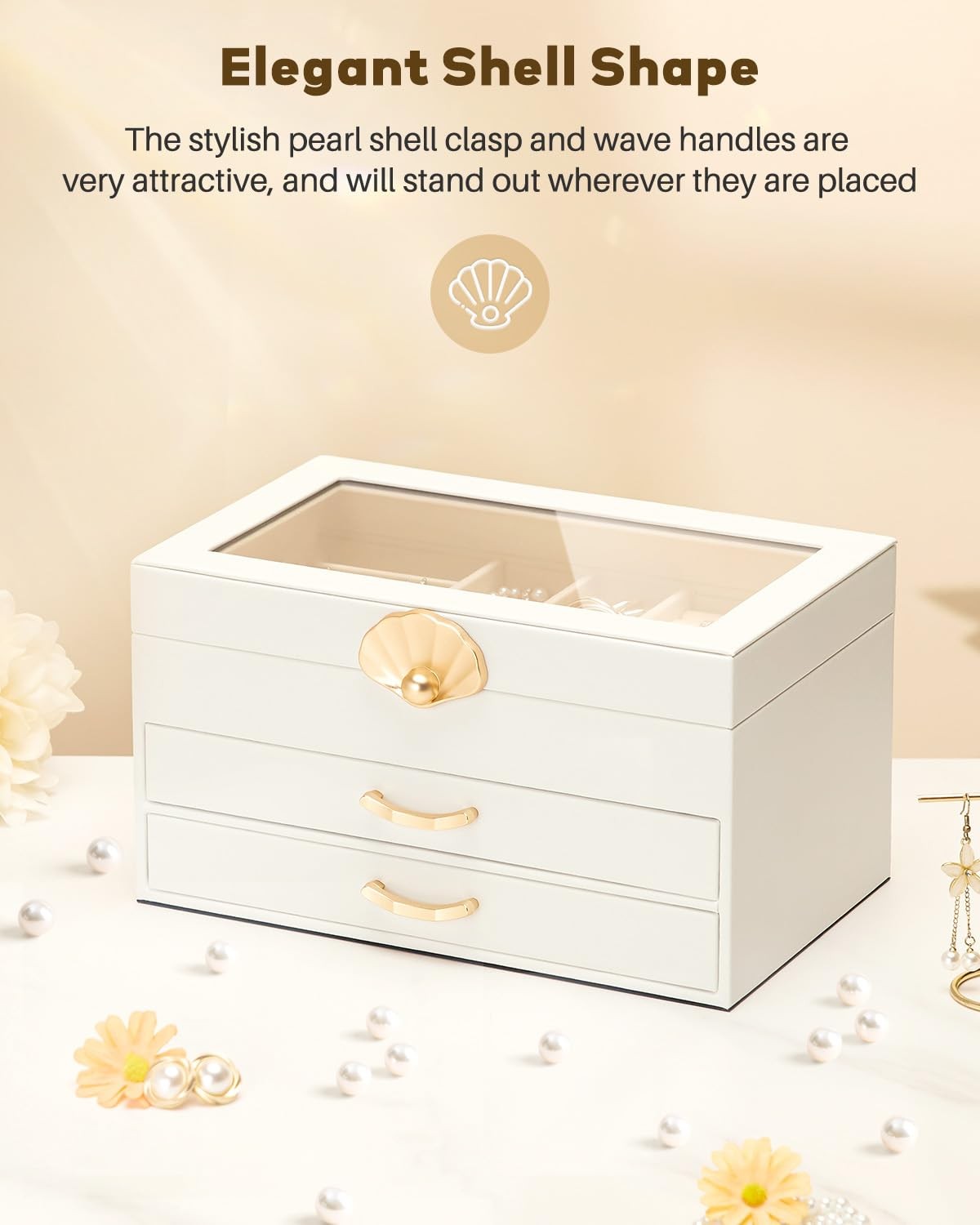 Jewelry Box 3 Drawers Glass Lid Leather Organizer Storage Display White Gift