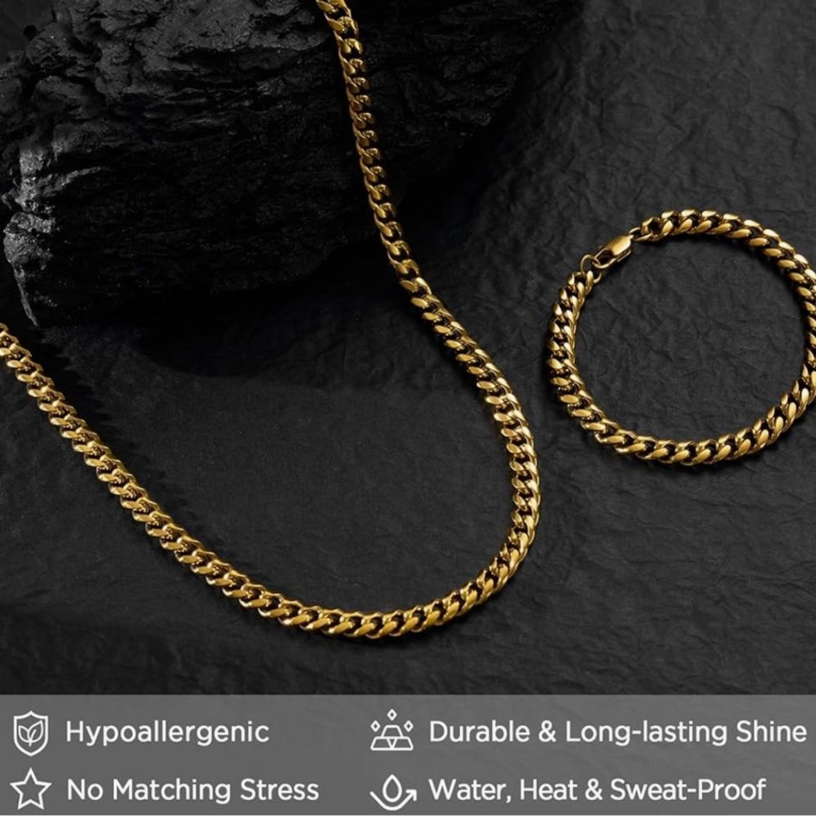 18K Gold Cuban Chain Set 8MM Necklace & 7MM Bracelet Set 22” + 7.5” Statement