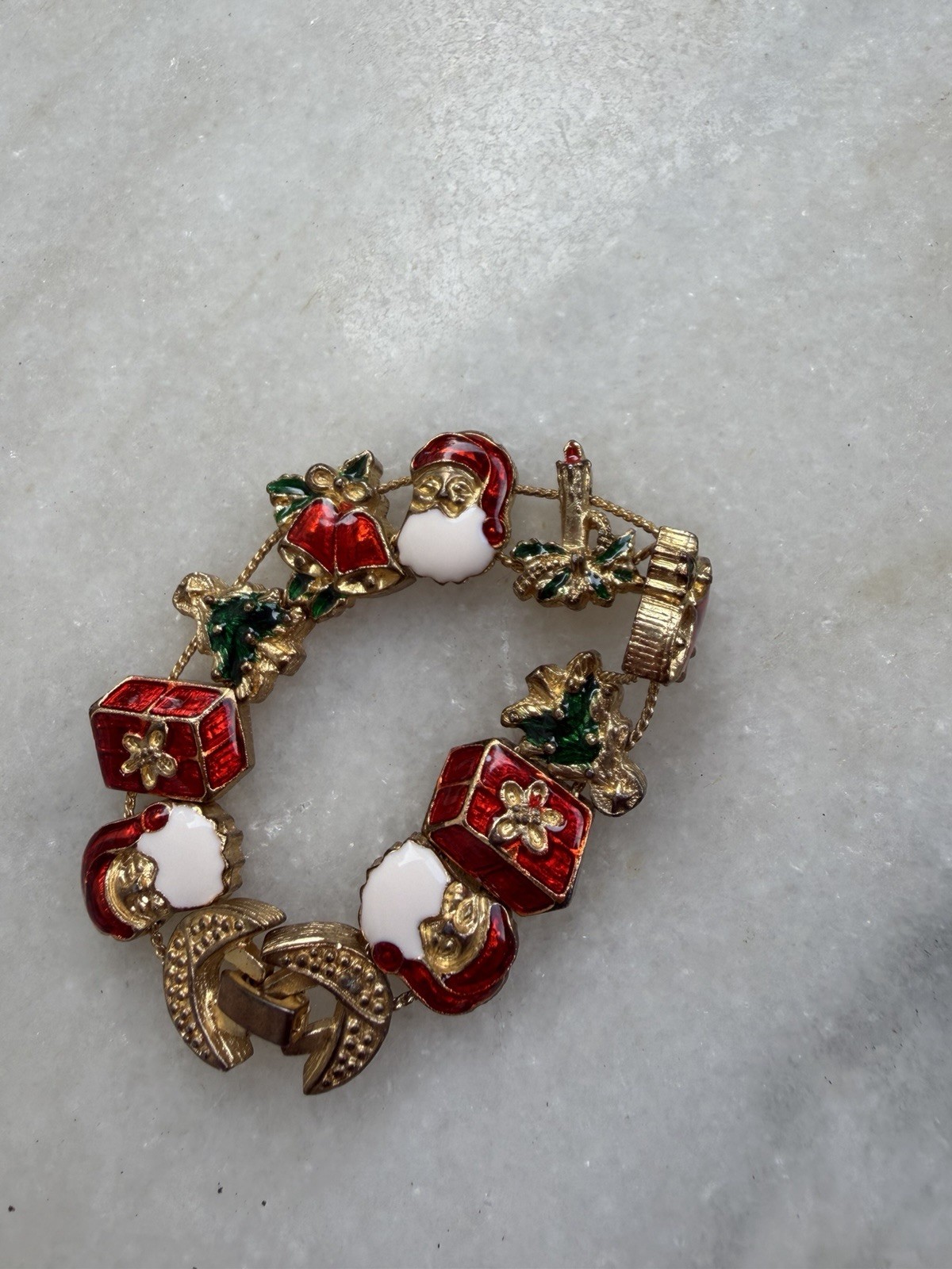 Gold Tone Enamel Christmas Holiday Charm Bracelet Red Green White Box Clasp