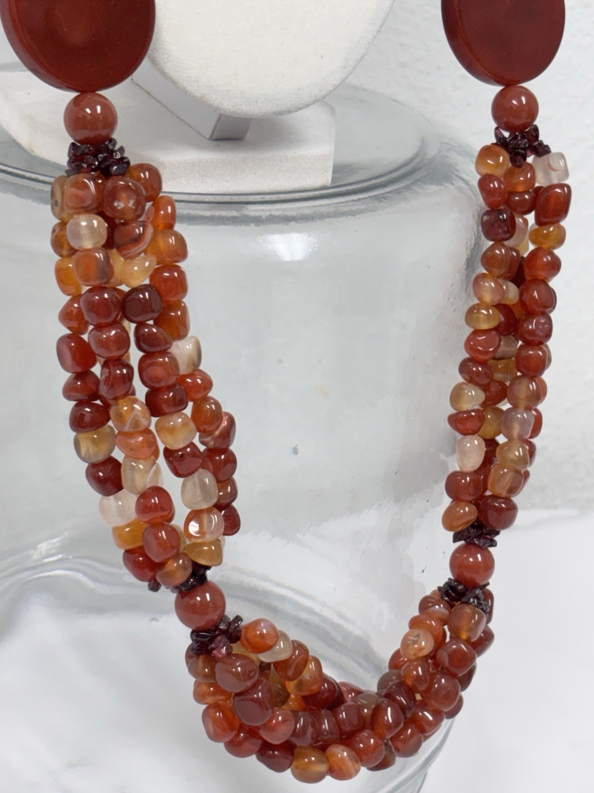 Genuine Carnelian Stone necklace 32” Hand Beaded W Smoky Quartz Bracelet 925