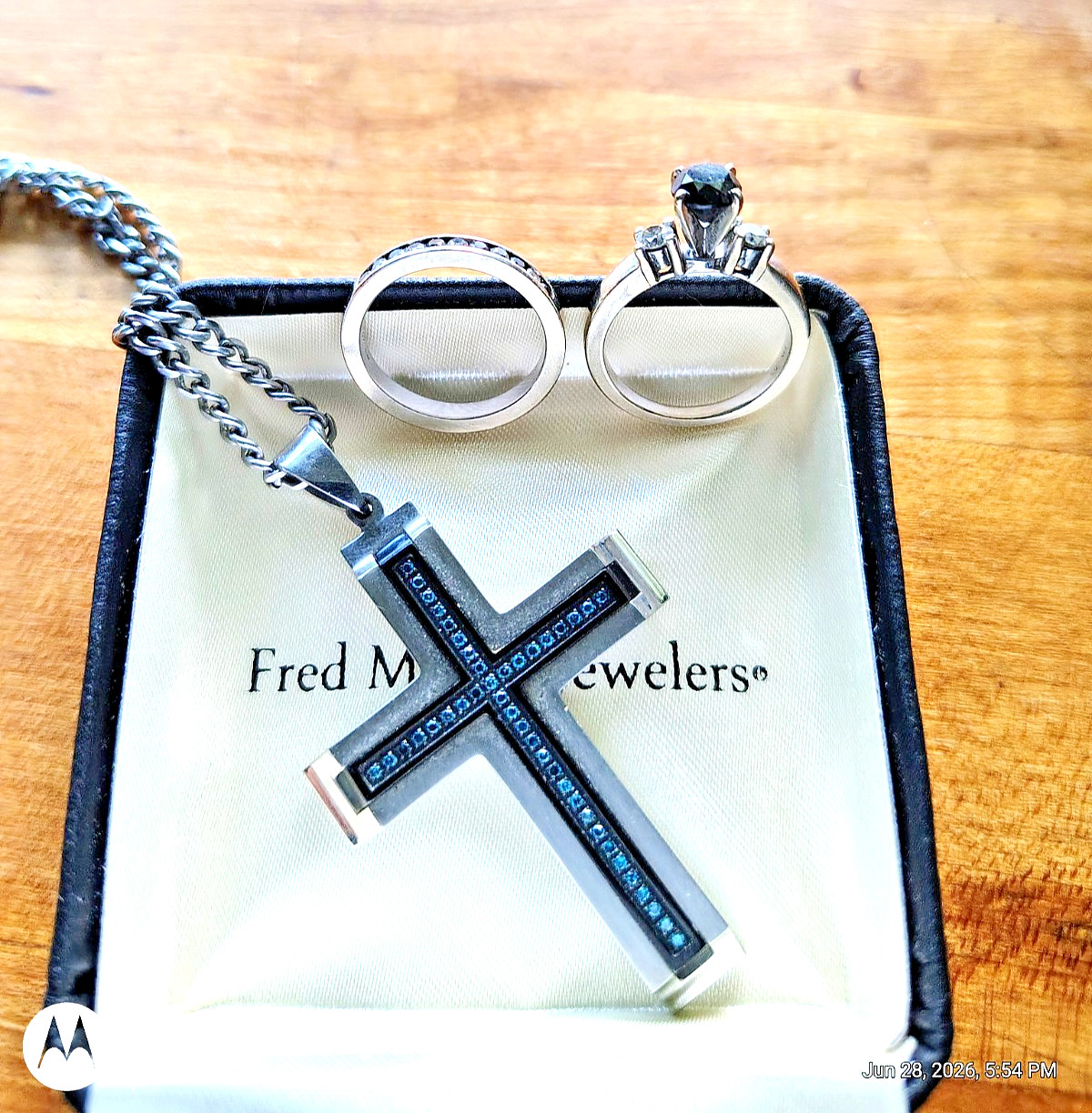14K Gold Black/White Diamond Wedding Set & Men’s Blue Diamond Cross-Fred Meyer