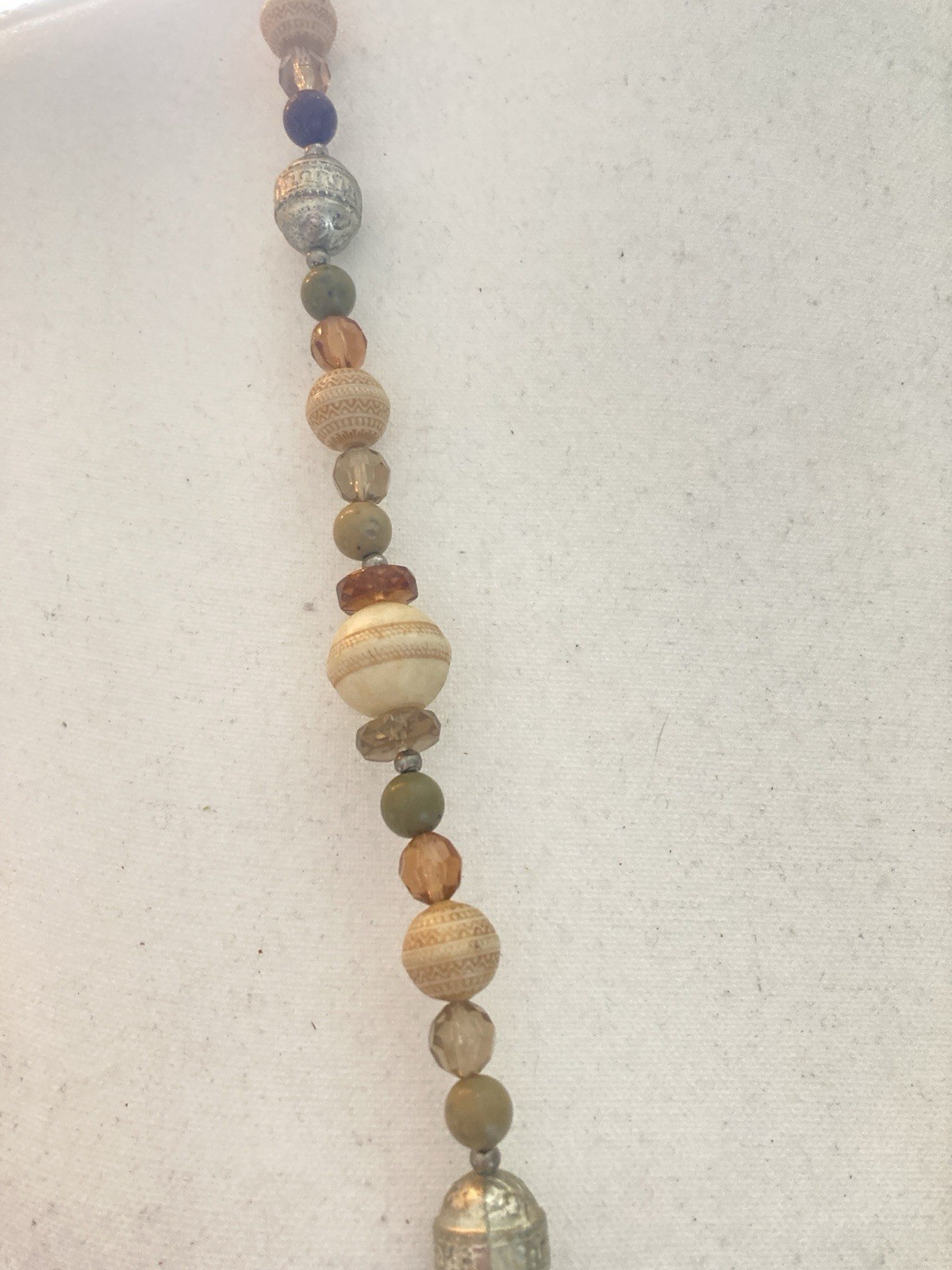 Long Beaded Necklace Wood Glass Silver Tone Neutral Earth Tone Boho Artisan