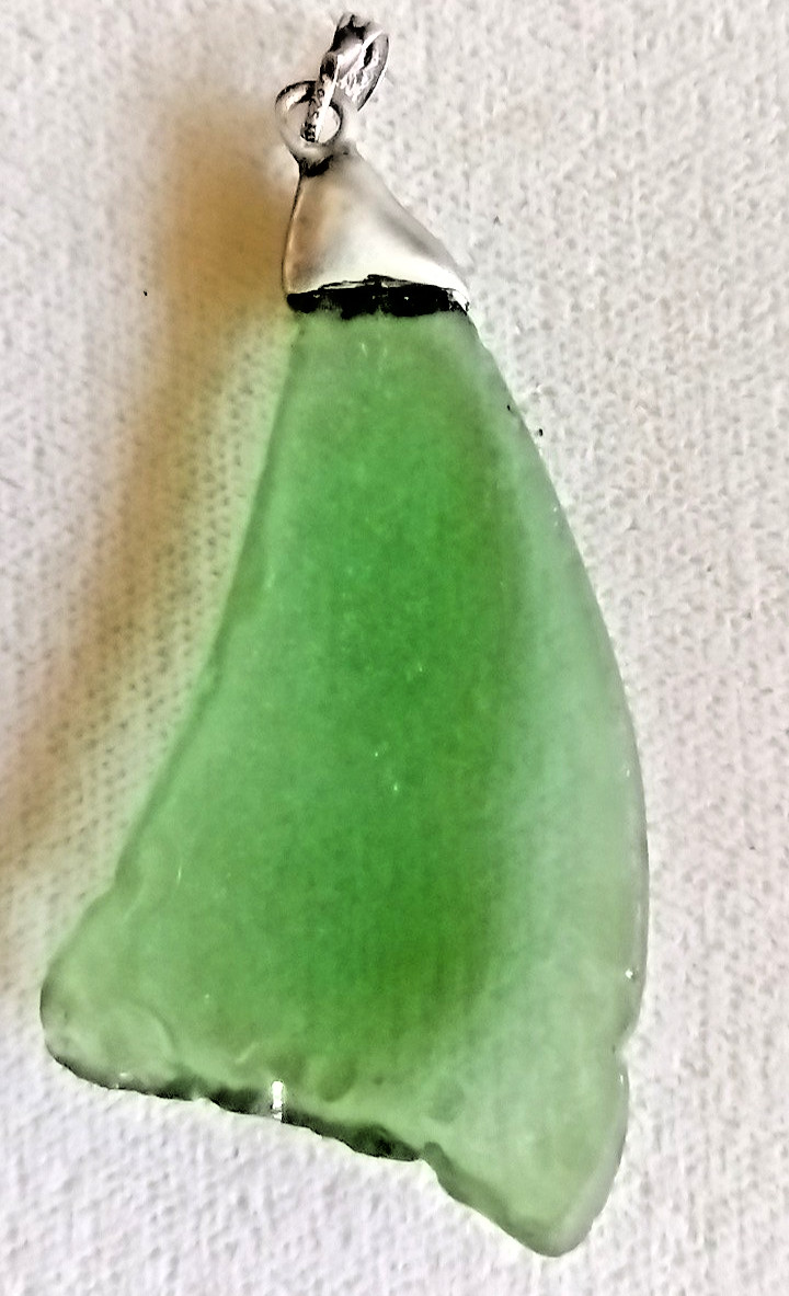 Vintage 1970s Large Sterling Silver Green Sea Beach Glass Boho Pendant 2-1/4″