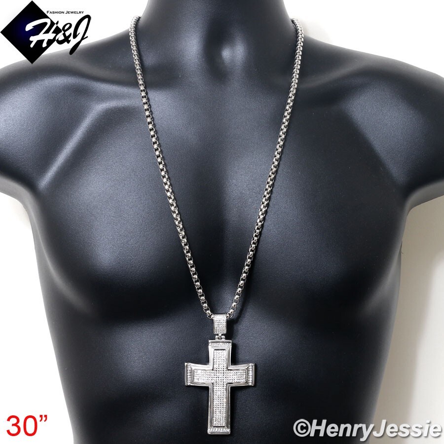 30″MEN Stainless Steel 5mm Silver Box Link Chain BIG ICY CZ Cross Pendant*IP20
