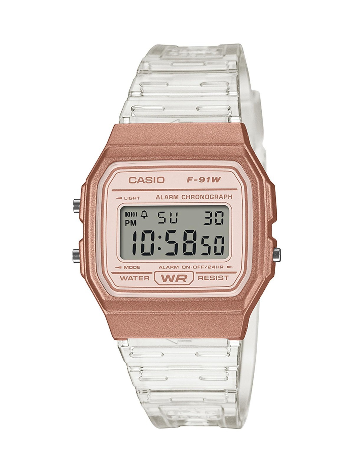 Casio F-91WS-7A3 Digital Watch Transparent Resin Strap Rose Gold Colour – New