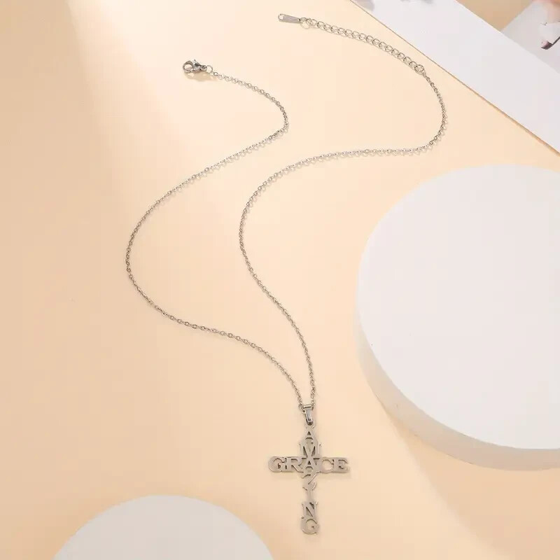 Stainless Steel Amazing Grace Cross Necklace – Silver, Christian Faith, Church