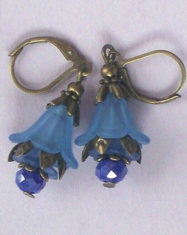 triple BLUE acrylic FLOWER faceted CRYSTAL earring BRONZE LEVER BACK
