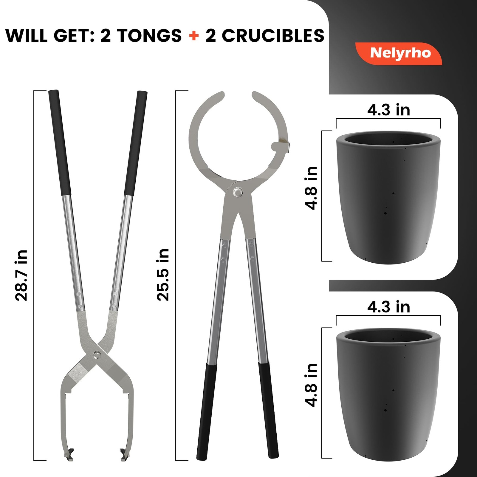 Nelyrho #3 (6.6lbs-3kg) Crucible Tongs Set with 2 Graphite Crucibles for Melting