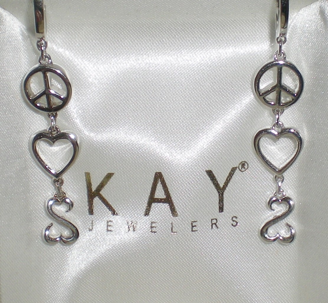 Jane Seymour SS 10K WG Open Hearts LOVE PEACE OPEN HEARTS Dangle Drop Earrings