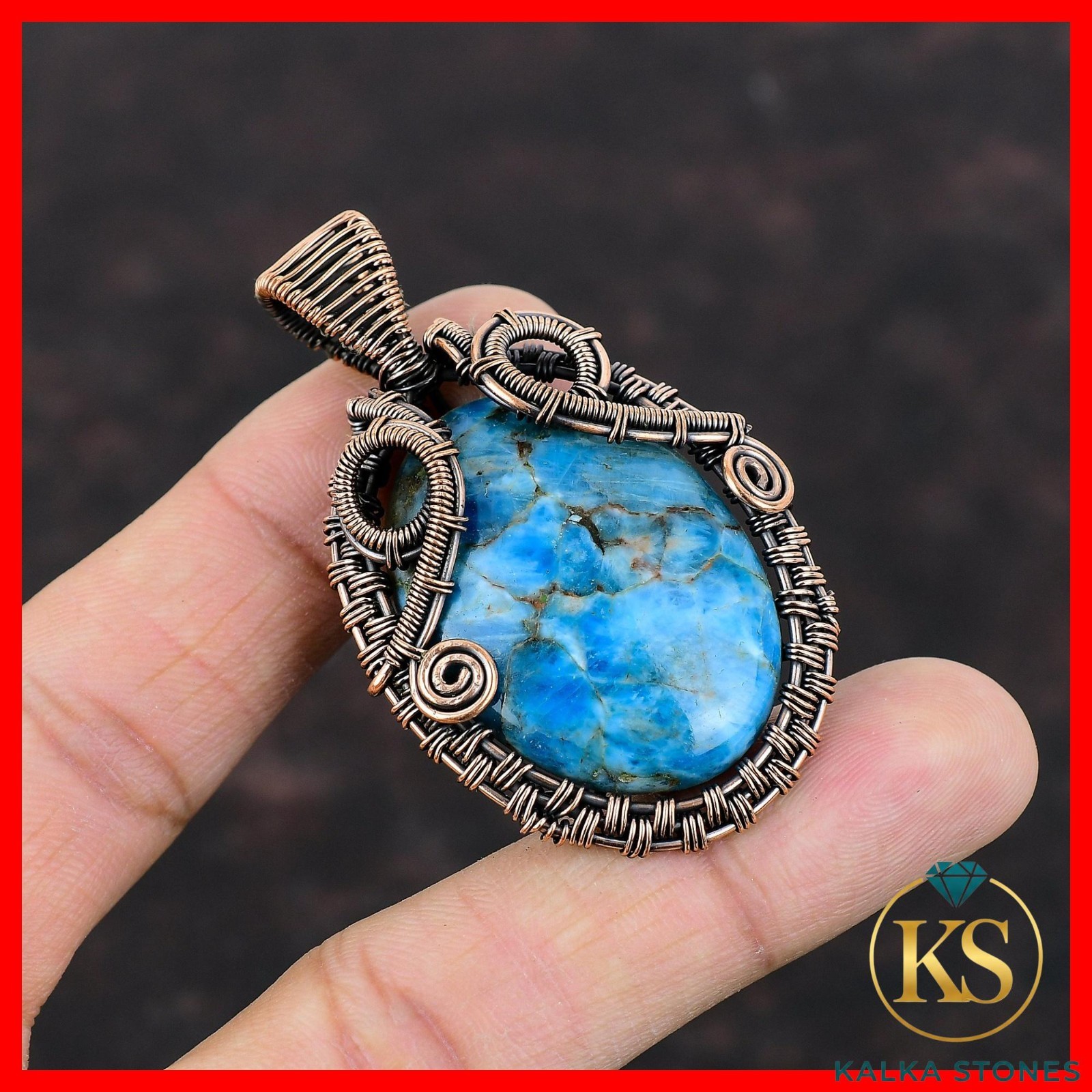 Copper Oval Neon Apatite Gemstone Wire Wrapped Mother Throat Chakra New Pendant