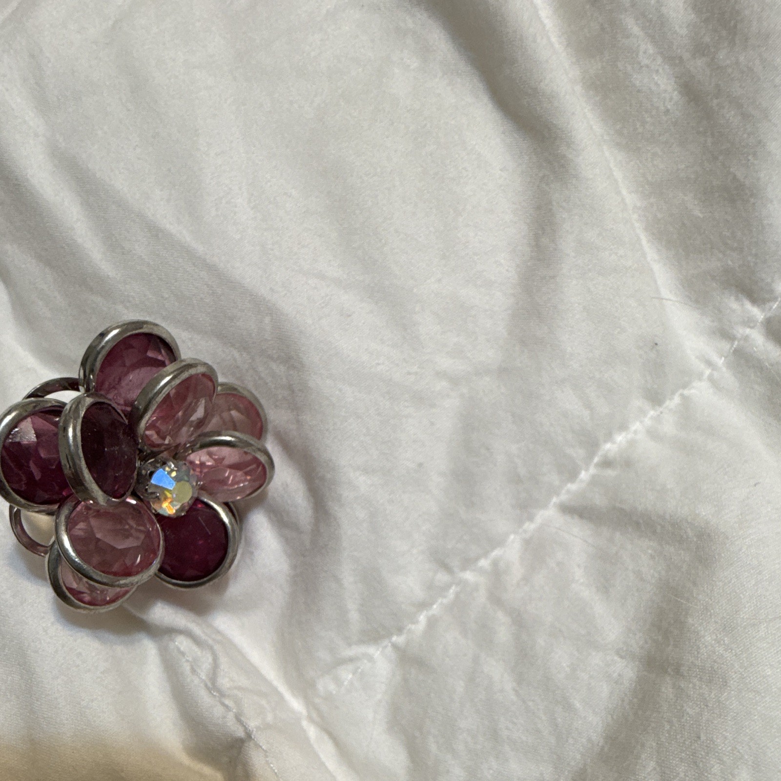 Silver Tone Pink Crystal Flower Cocktail Ring Size 8.5 Oval Bezel Set