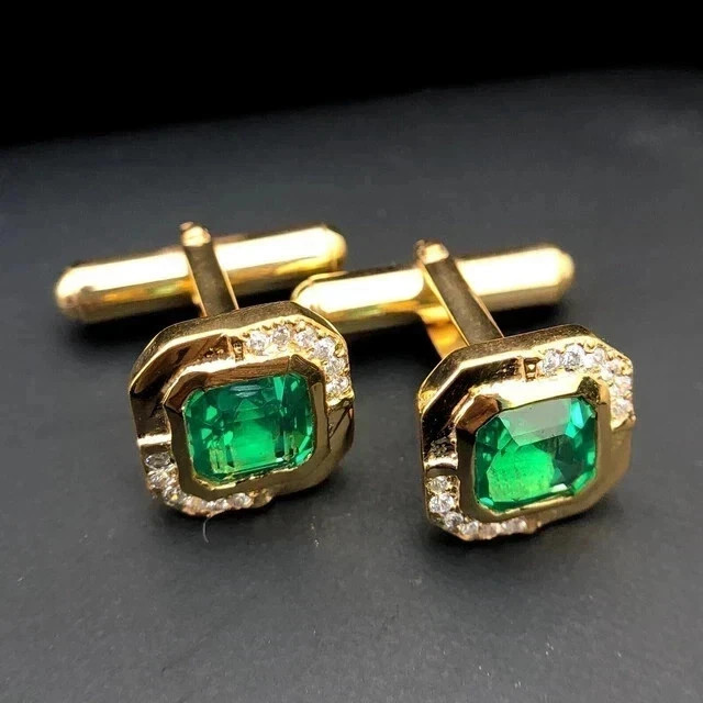 3Ct Asscher Cut Lab Created Green Emerald Men’s Cufflinks 14K Yellow Gold Plated