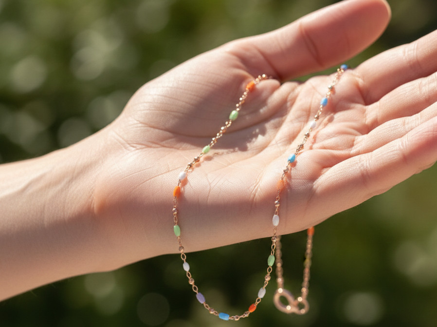 Beaded Link Anklet Rose Gold Plated Multicolor Enamel Dainty Chain Handmade