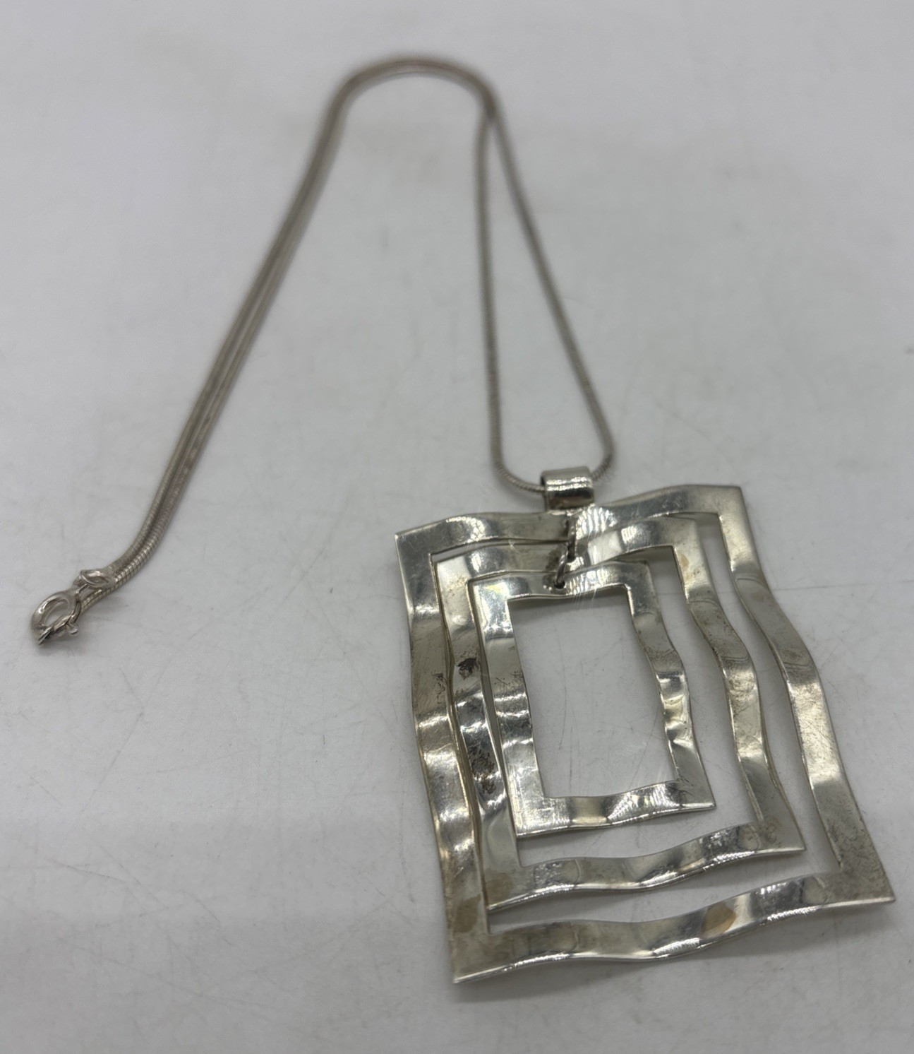 Vintage Sterling Silver Wavy Nesting Rectangle Pendant On 18” Snake Chain 14.9 G