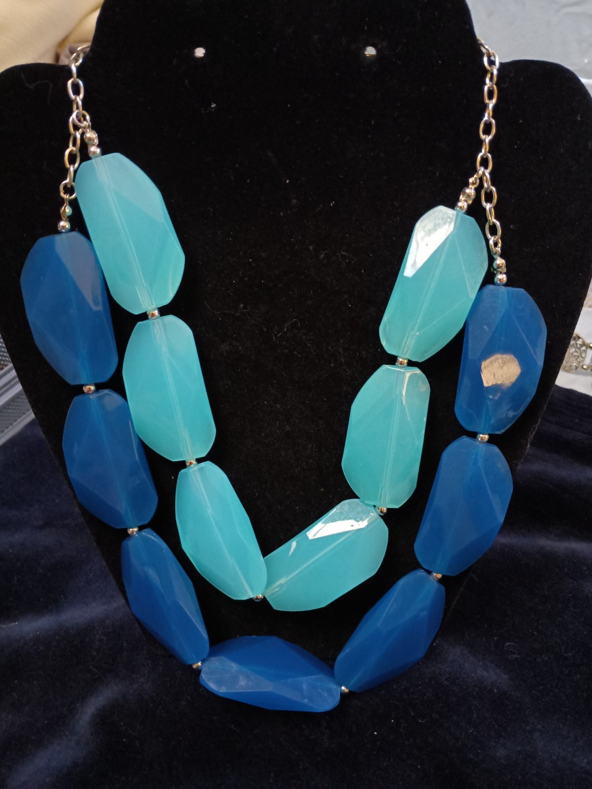 Chunky Blue Ombre Statement Necklace Double Strand Aqua Teal Royal Lucite Beads
