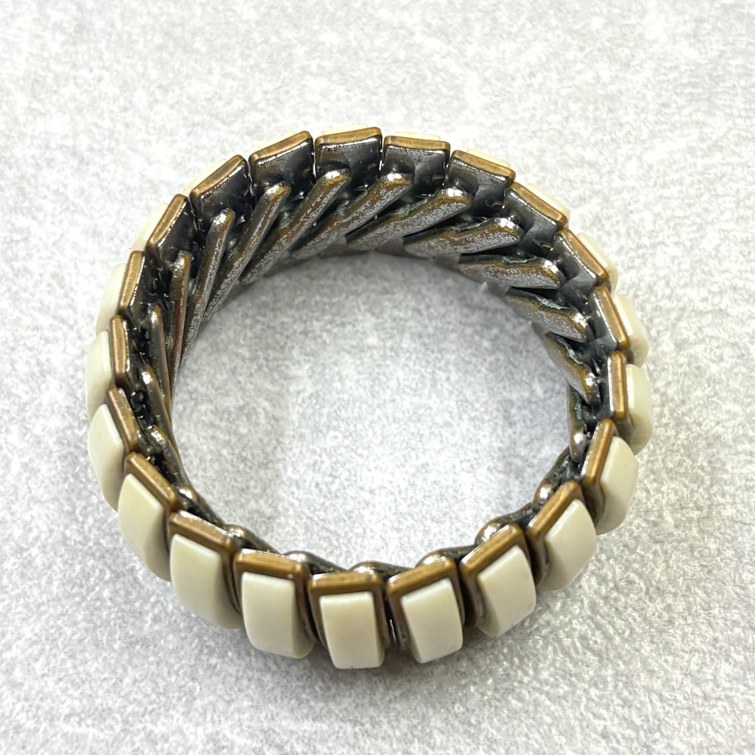 Stretch Panel Bracelet Cream Resin Bronze Tone Geometric Flexible