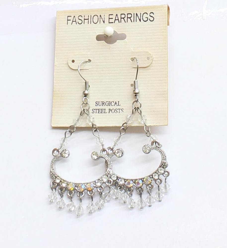 Fashion Earrings Dangly Chandelier Beaded Rhinestone Earrings Silver Gray 2.5″