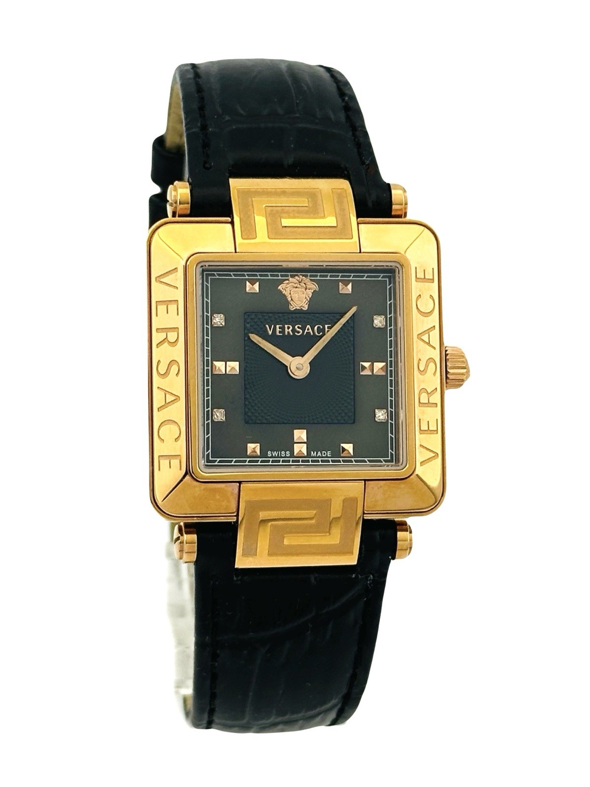 Versace Women’s 88Q80SD008S009 Rêve Carré Diamonds Black Leather Strap Watch 88Q