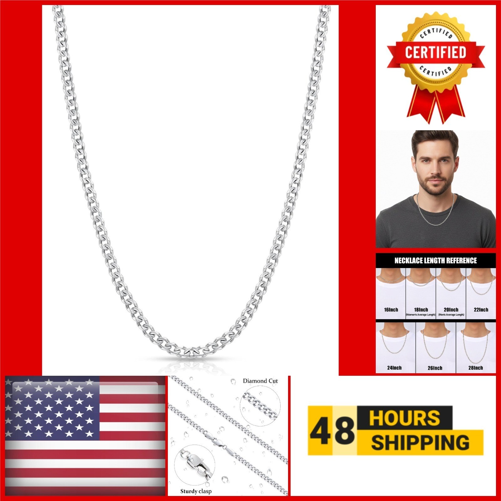 3.5mm Cuban Link Chain Necklace for Men, Silver/Gold Plated Stainless Steel