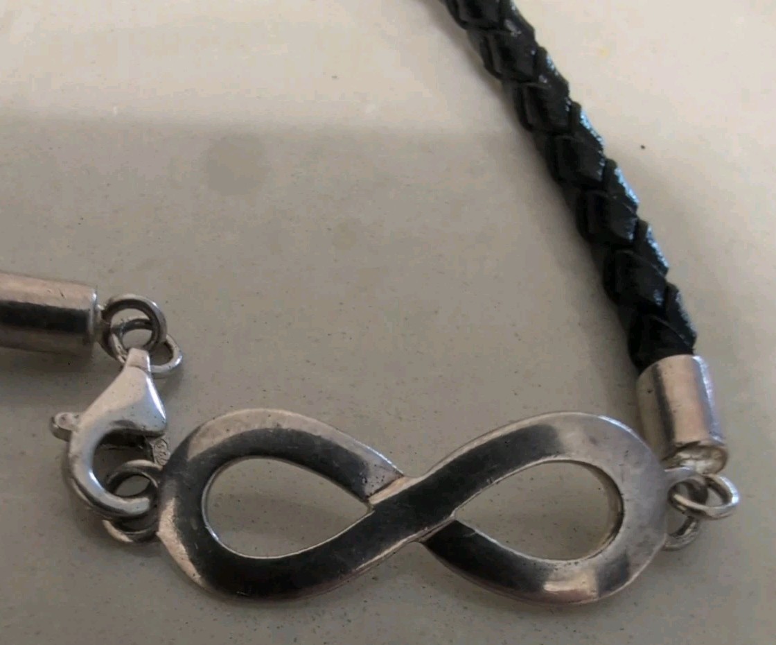 STERLING SILVER 925 INFINITY BRACELET BRAIDED LEATHER BAND 7 1/4″
