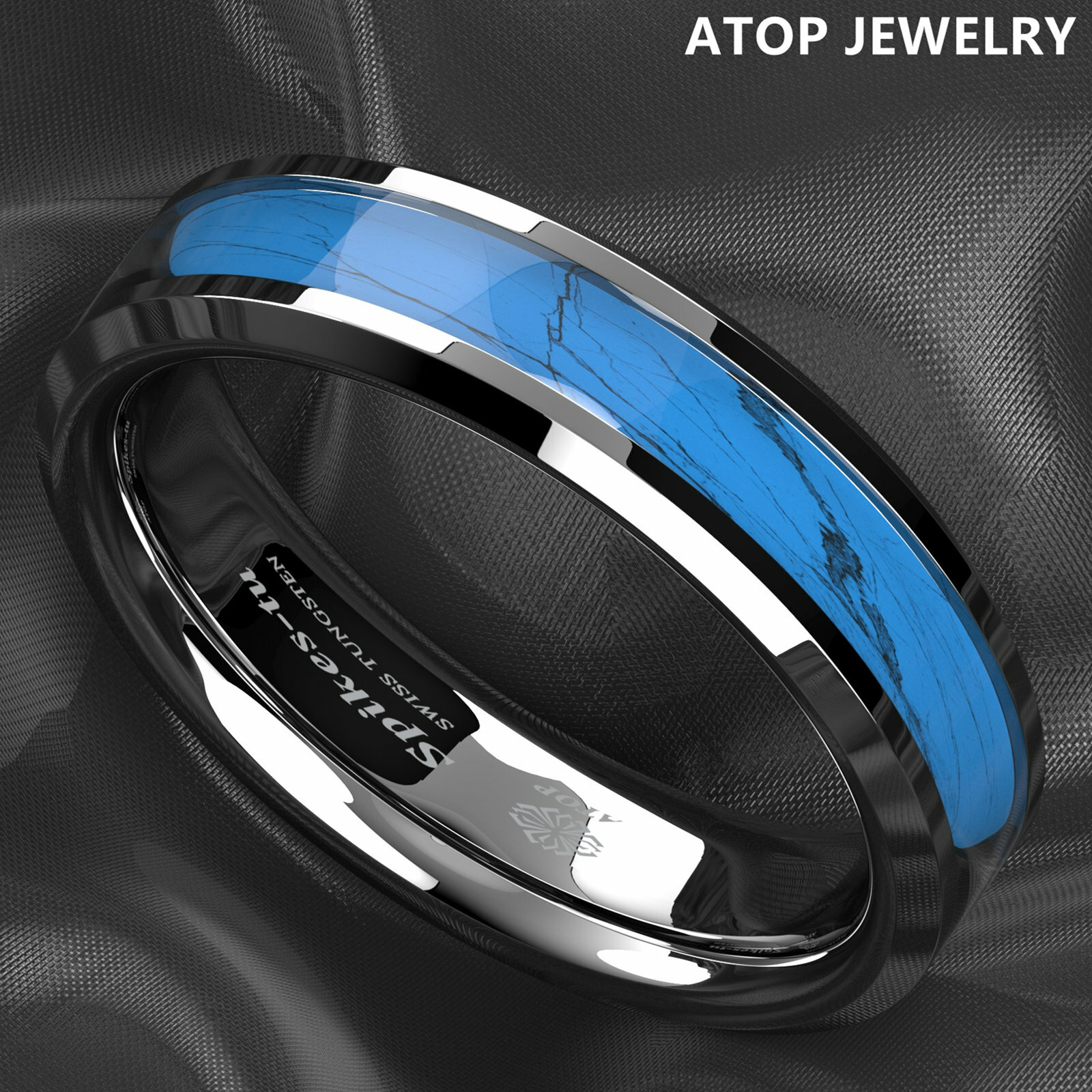 8mm Silver Edge Tungsten Carbide Ring Manmade Turquoise Engagement Wedding Band