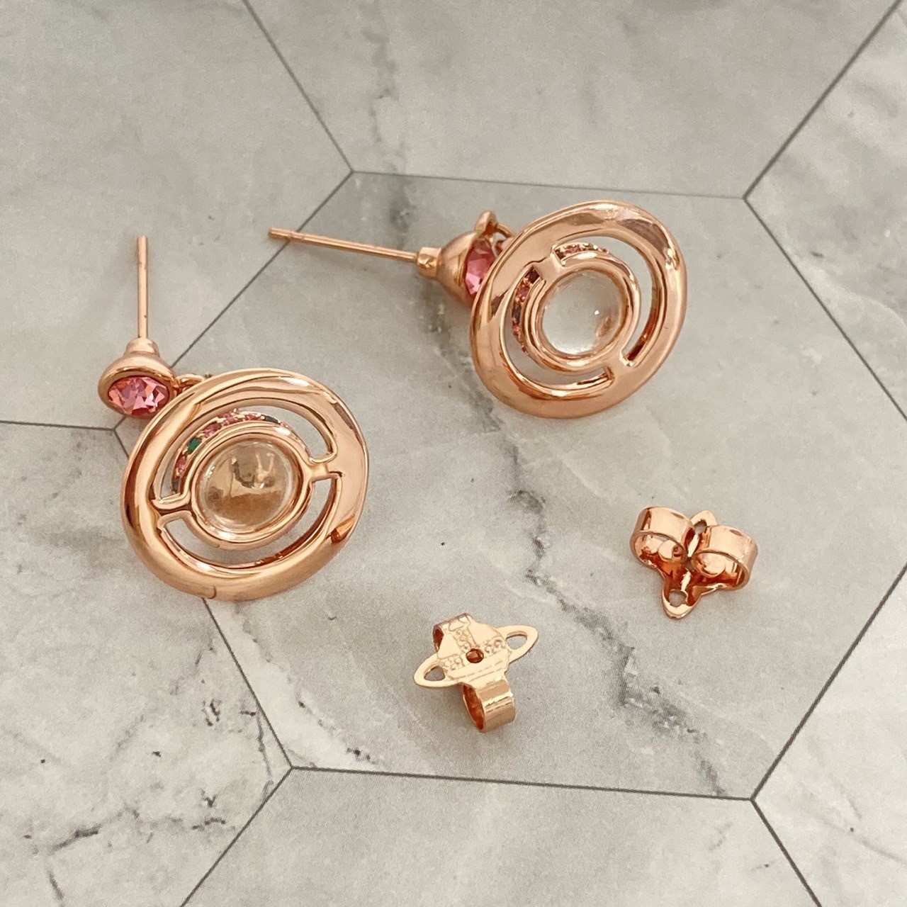 Vivienne Earrings Petit Orb Rose Pink Gold Clear 2.5 x 1.4cm IN BOX