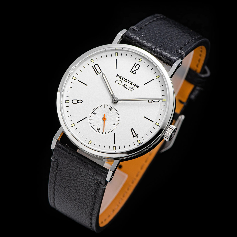 Seestern 382 Mechanical Steel Leather Black White Sapphire Men’s Watch