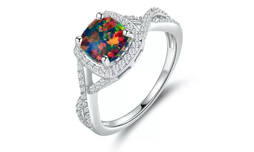 DEAL! FINE RARE Elegant Sterling Silver Black Fire Opal CZ Square Halo Ring 10
