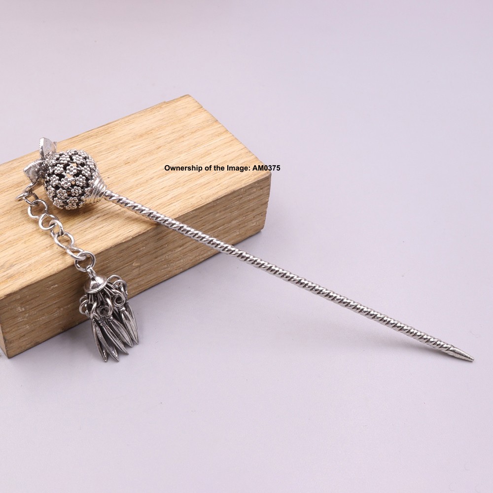 Real 925 Sterling Silver Hairpin Vintage Style Floral Ball Hair Clip Pin 4.8inch