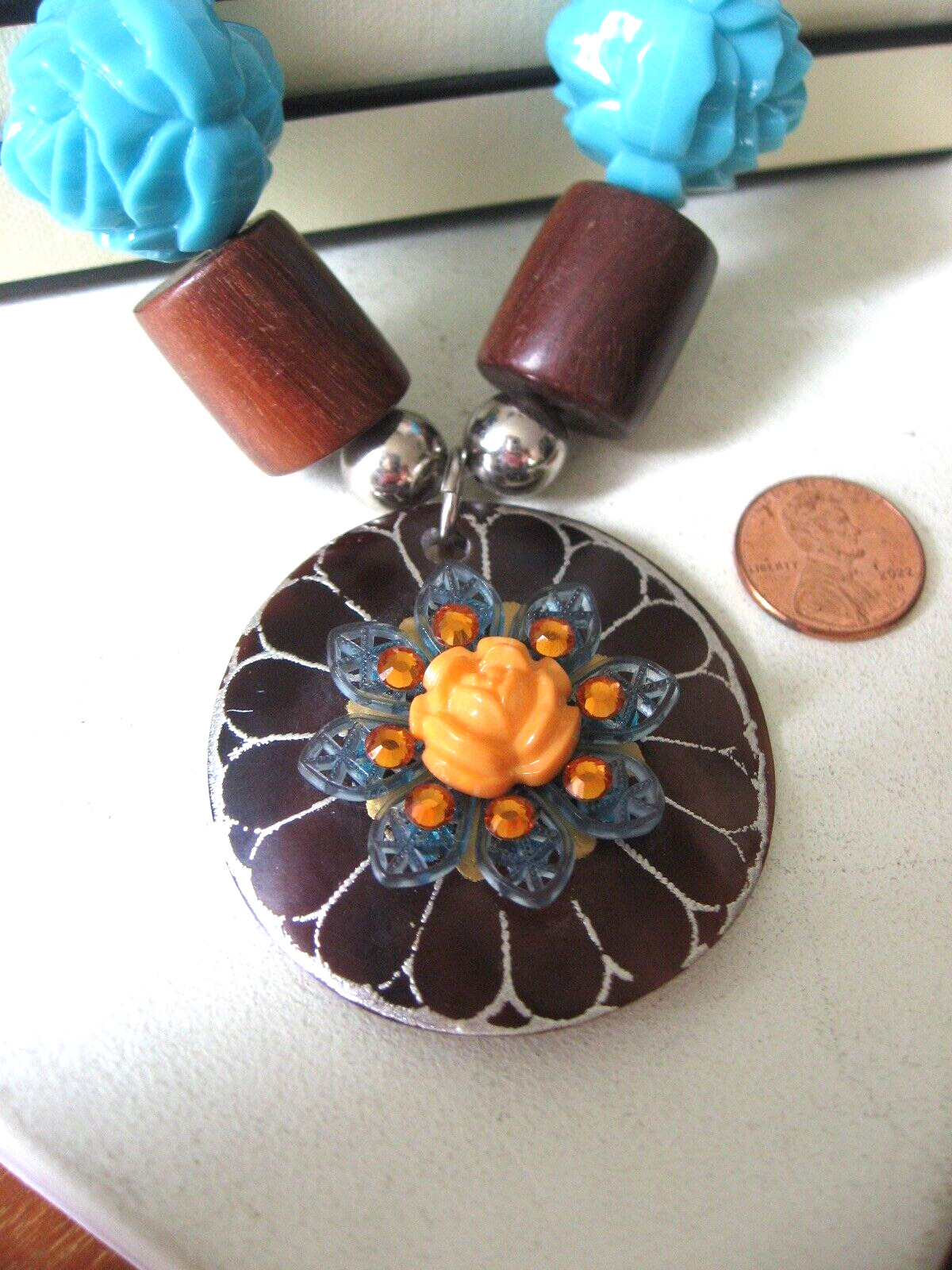 Tarina Tarantino Necklace Carved Rose Wood Crystal Crochet Unworn See Paint Flaw