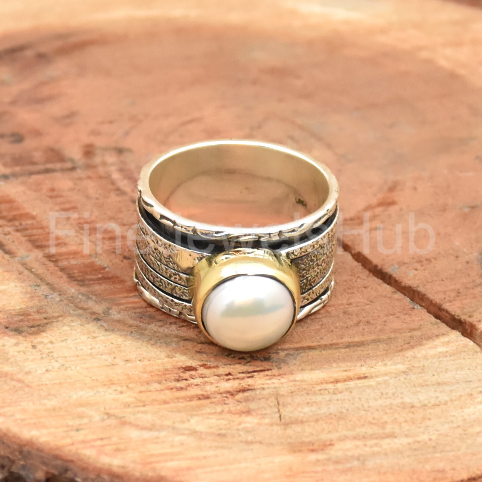 Pearl Silver Spinner Ring, Two Tone Ring, Wide Band Ring, Handmade Women Ring