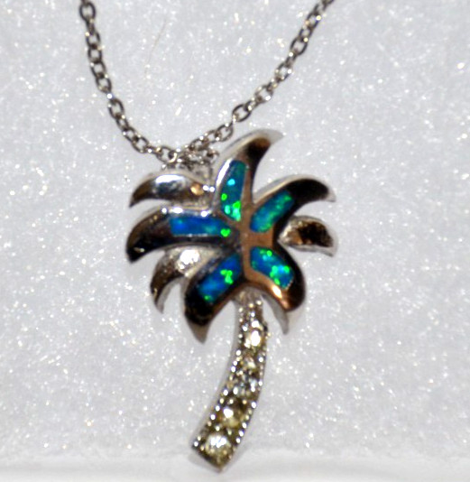 NEW Sterling Silver 925 Opal Inlay Palm Tree Necklace Pendamt Earrings Set