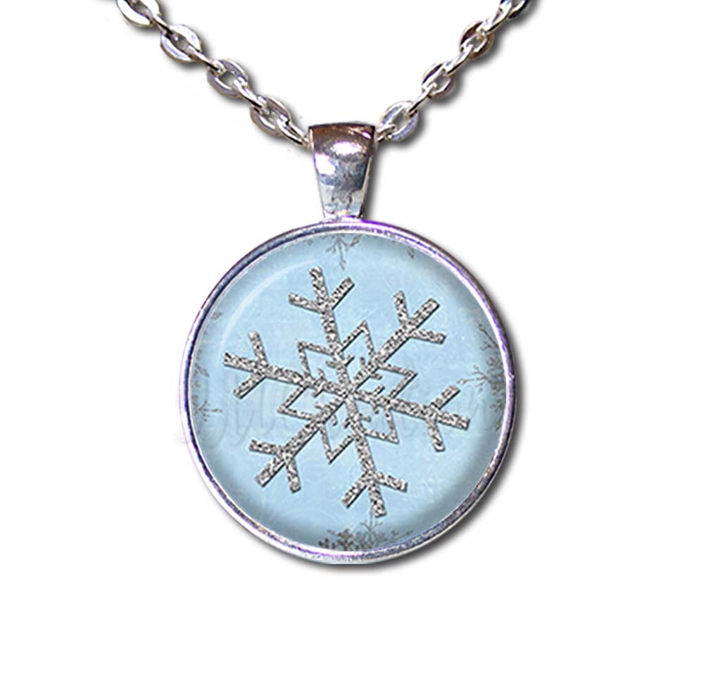 Snowflake Christmas Holiday Winter Blue Handmade ROUND Glass Pendant Necklace