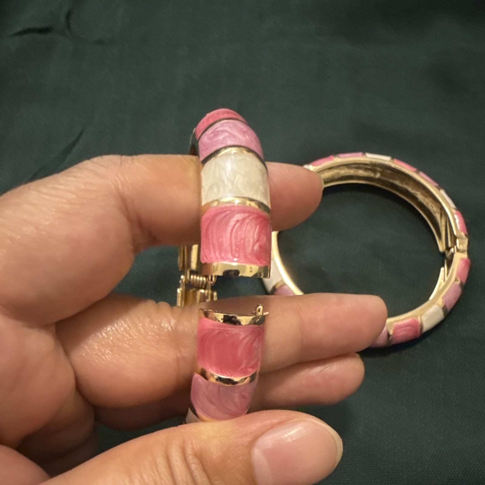 Set of 2 Gold Tone Hinged Bangle Bracelets Pink White Enamel No Stone