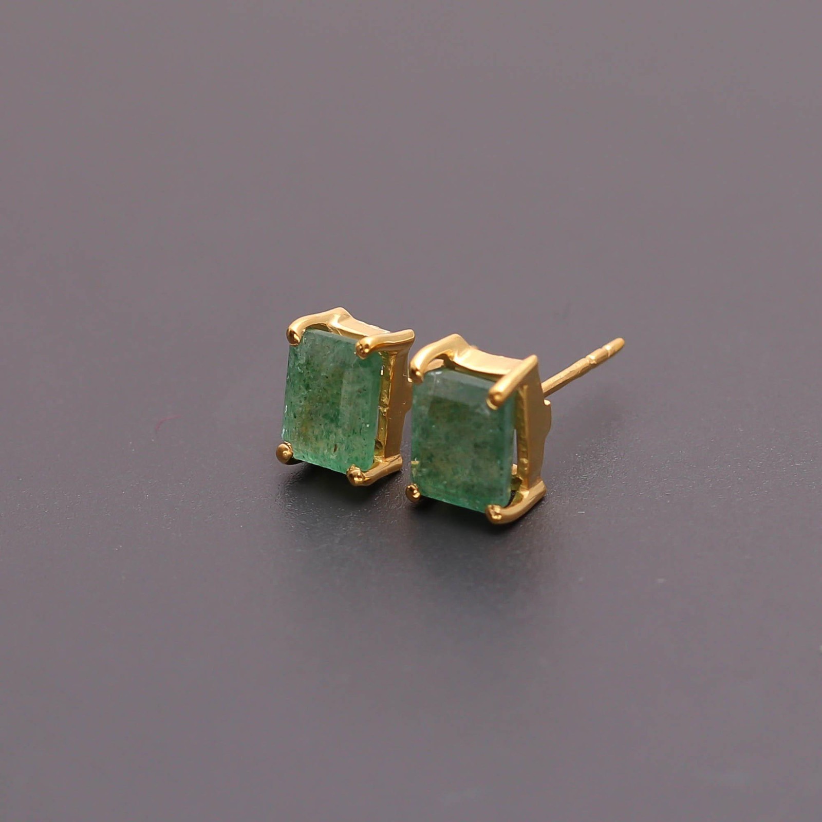 Natural Green Strawberry Octagon Stud Earrings Gold Plated Solid Silver Jewelry