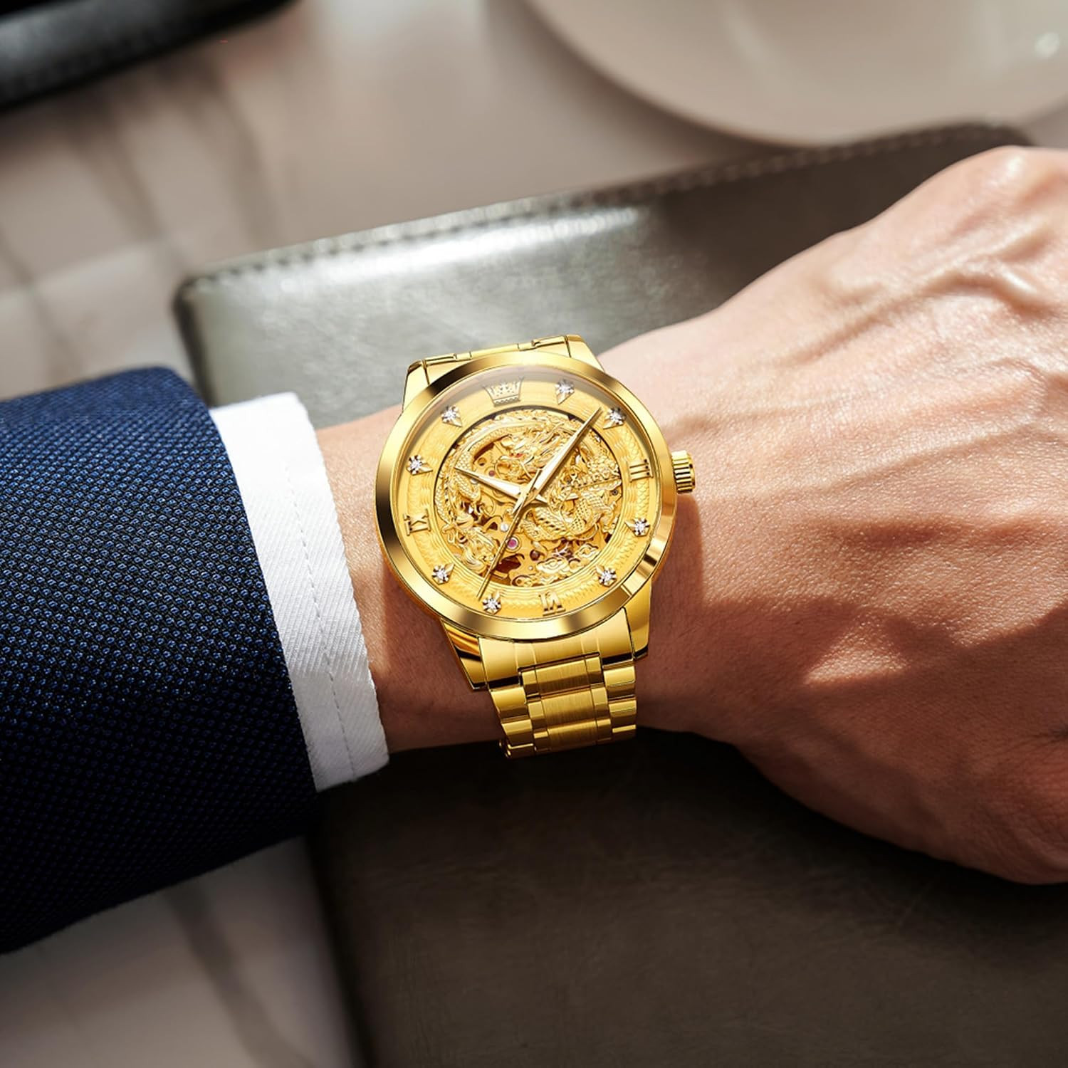 Dragon Skeleton Mens Automatic Watch 42MM Large Dial Gold Luxury Self-Winding Di