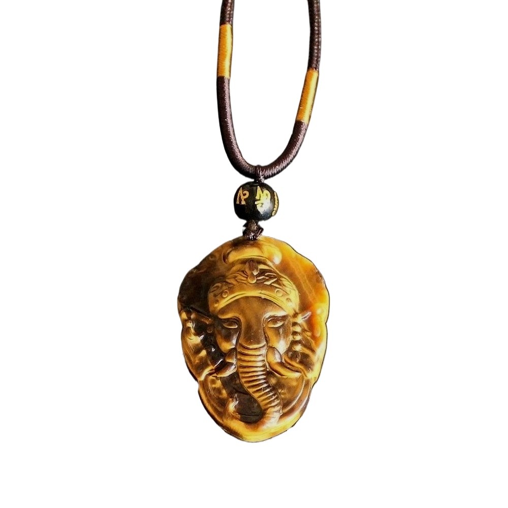 Natural crystal gemstone gold tiger eye Ganesha necklace pendant with rope chain
