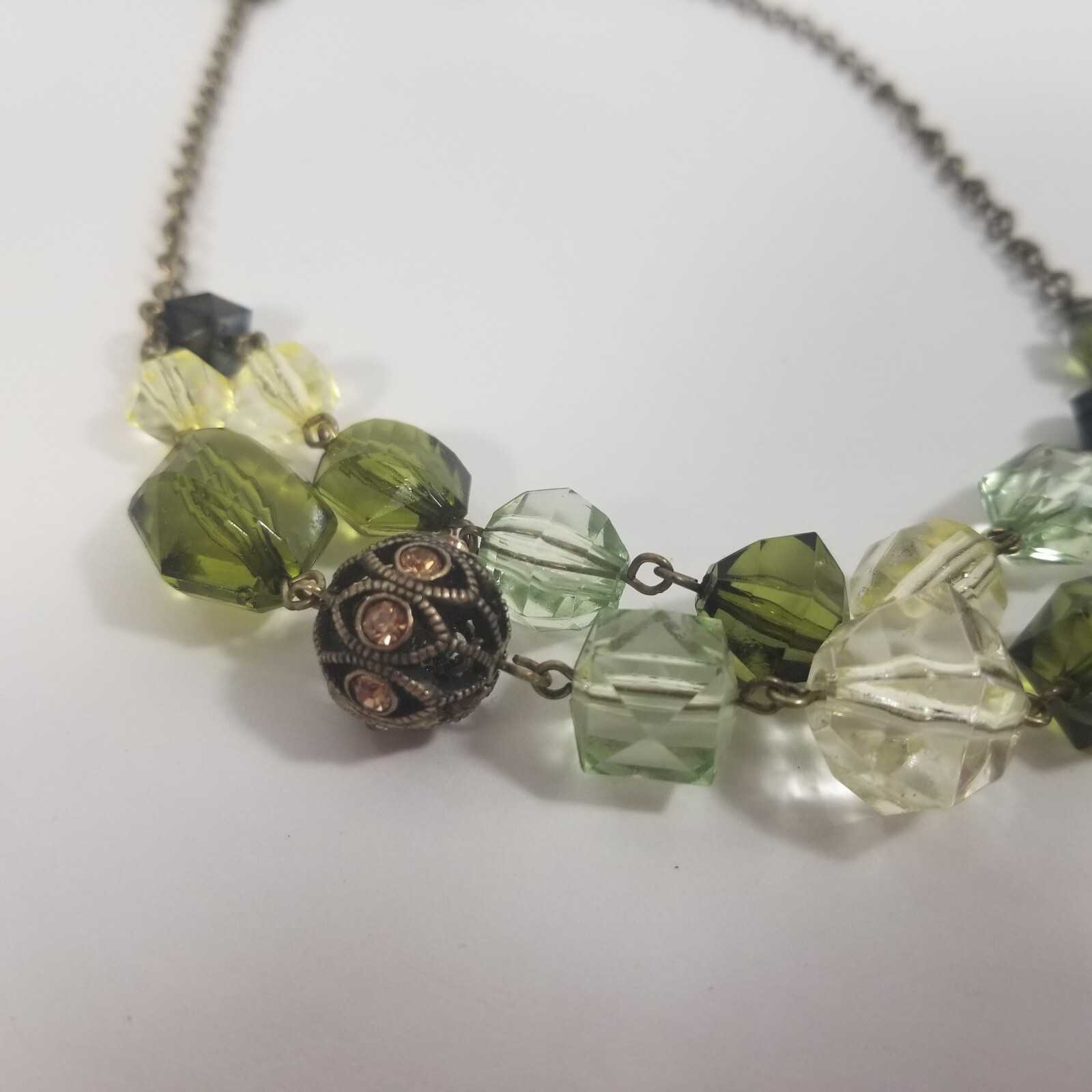 VINTAGE Choker Collar Bib Rhinestone Green Beaded Necklace Double Strand