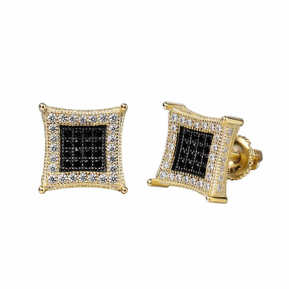 Mens 14K Gold Plated 925 Silver Iced Kite Black CZ Square Earrings Studs