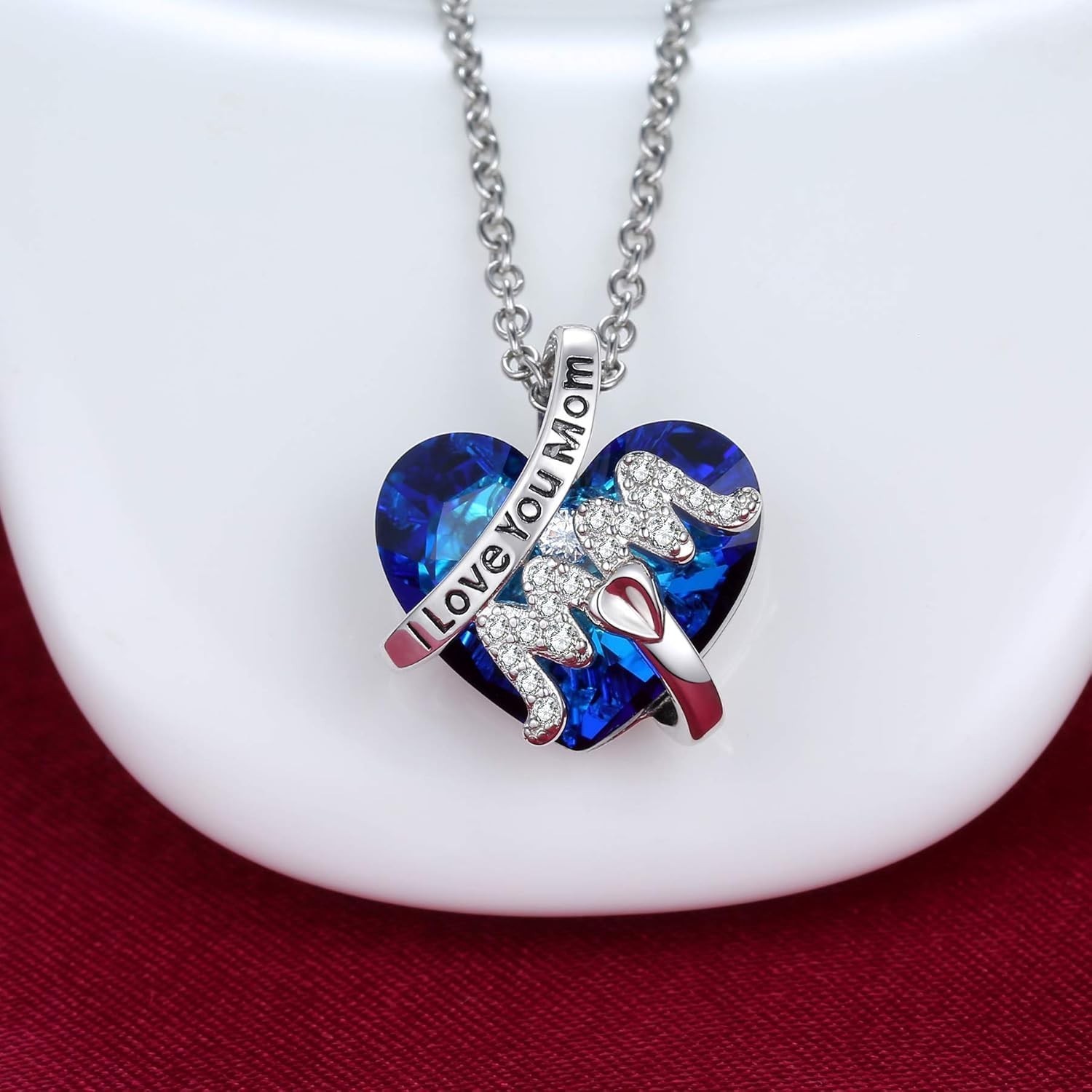 Heart Mom Pendant Necklace I Love You Mom Blue Crystal Silver Jewelry Gift